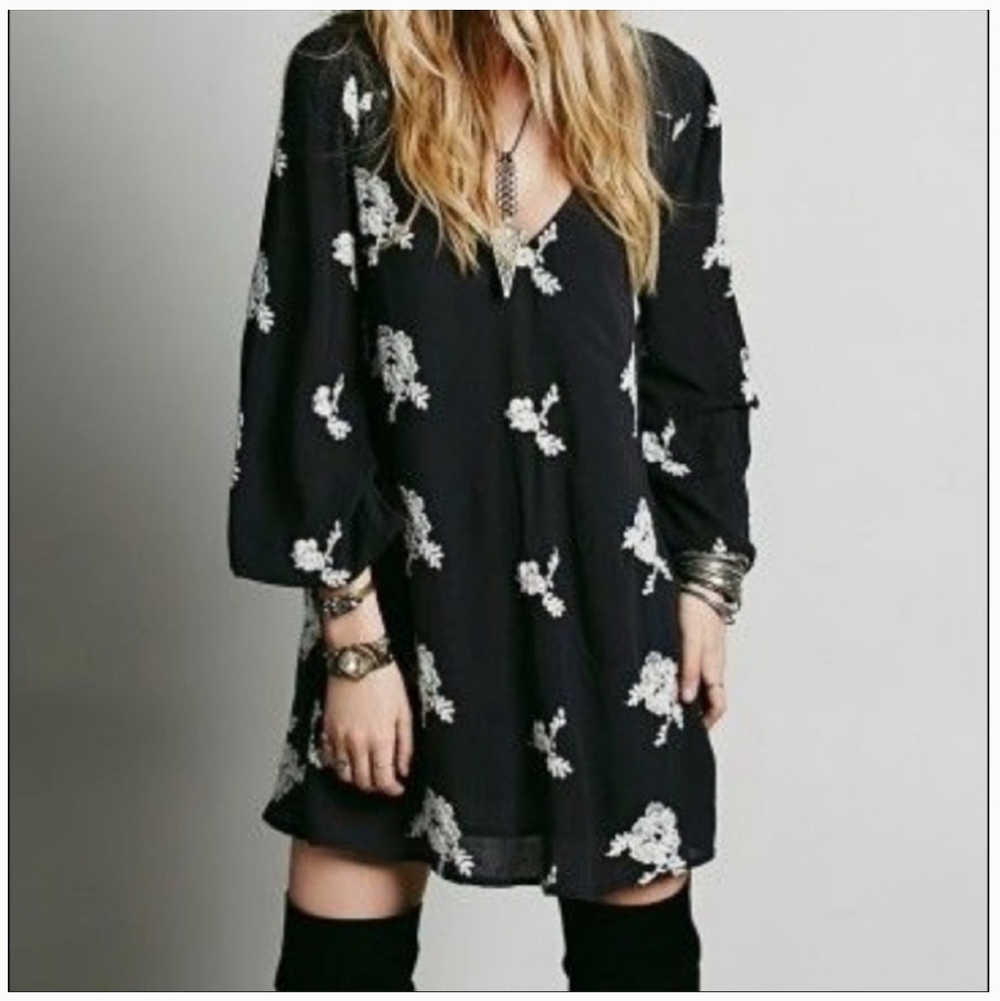 Free People Black Floral Austin Emma Embroidered Dress